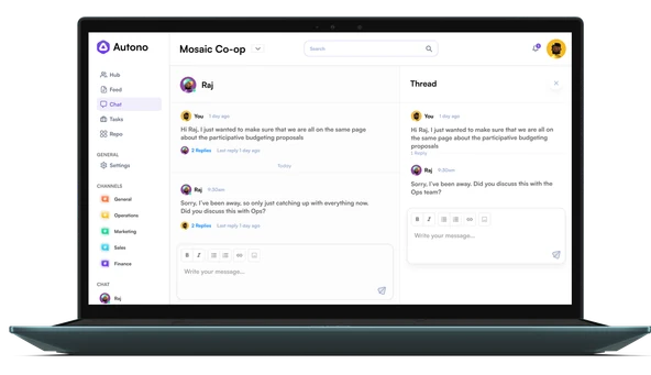 Autono Chat open on a laptop, showing a channel and a thread