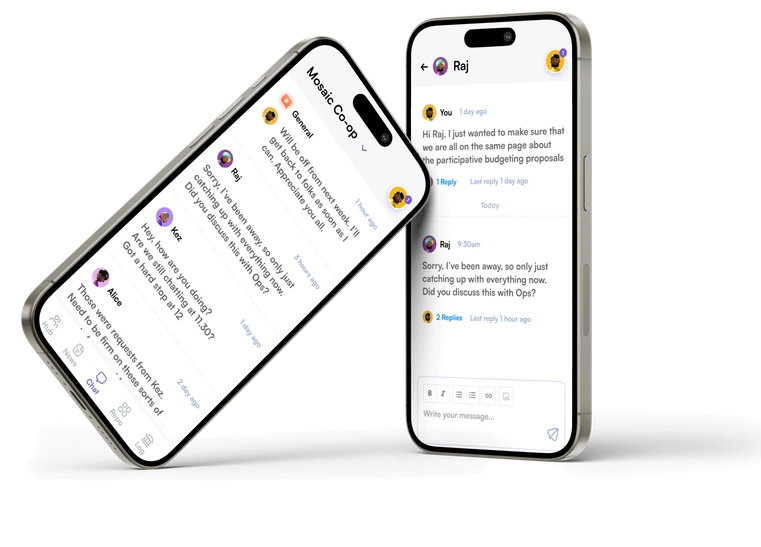 Autono Chat shown on two phones — an encrypted thread with replies