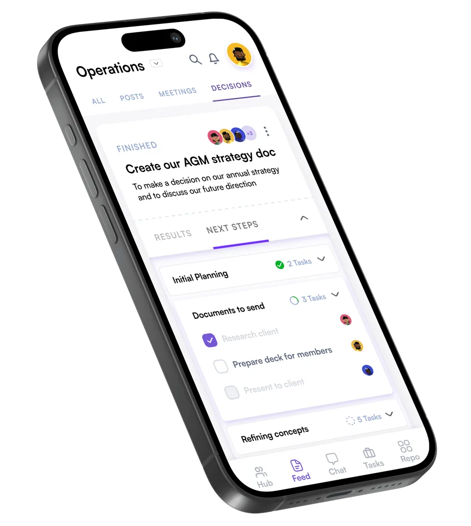 Autono’s Decisions tab on a phone, with next steps after a finished decision