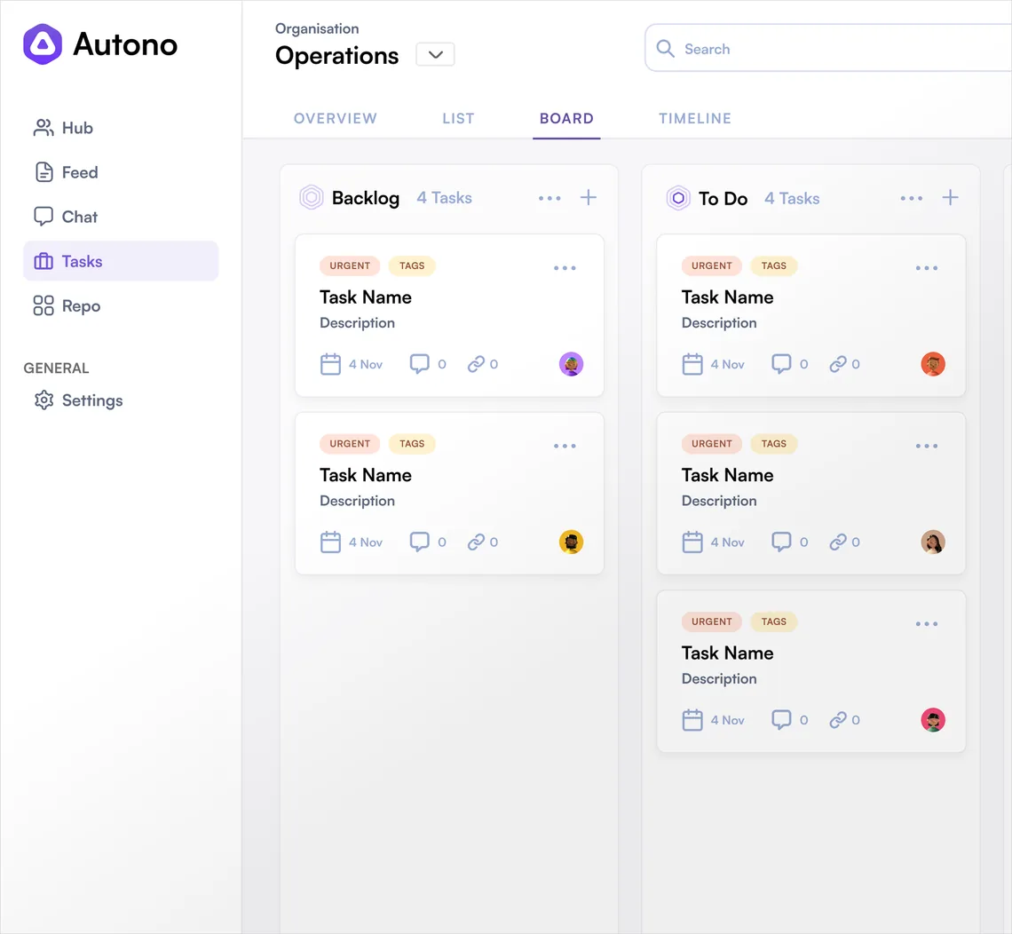 An Autono Tasks board for the Operations team, with backlog and to-do columns