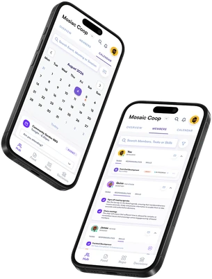 The Autono Hub open on two phones, showing the team calendar and members list