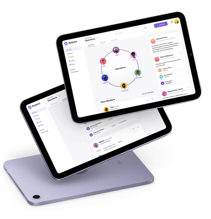 The Autono Hub shown on two tablets — the Operations team orb and mission brief