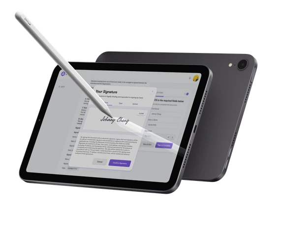 Autono Repo open on a tablet, signing a document with a stylus