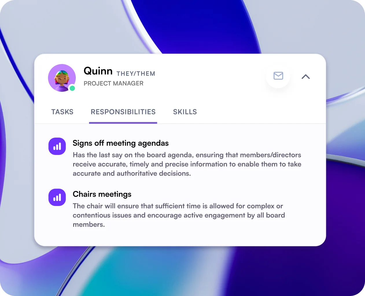 A member profile in Autono listing the responsibilities their role holds