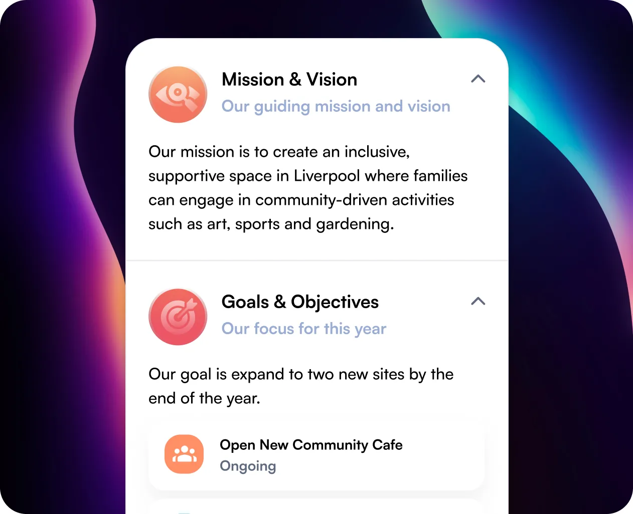 An organisation’s mission and goals in Autono, with the team objectives under them