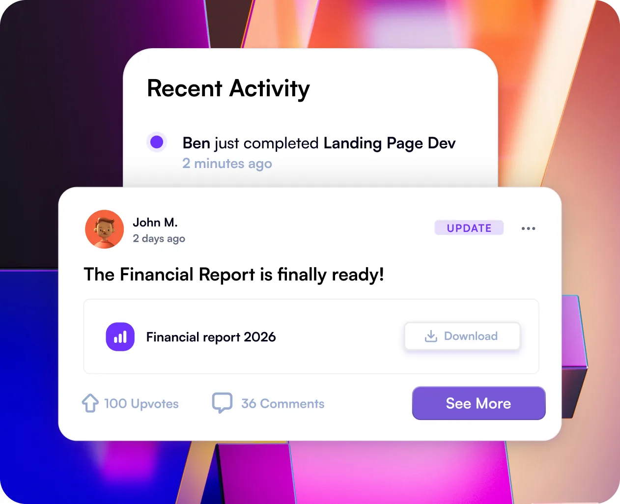 Autono’s recent activity feed with a team update and a shared financial report