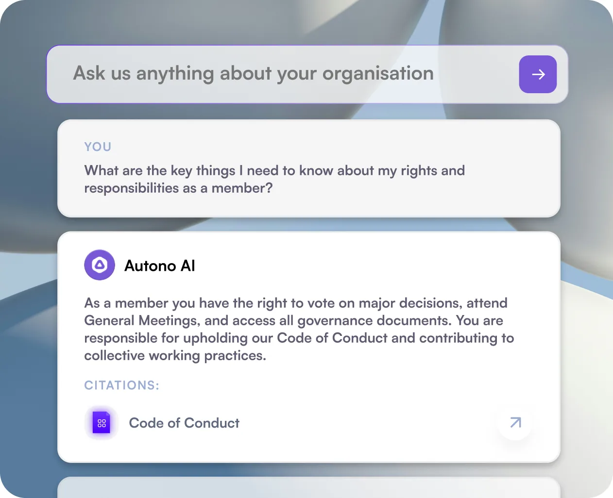 Autono AI answering a member’s question about their rights, citing the Code of Conduct