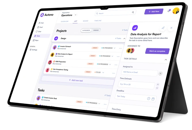 Autono Tasks shown on a tablet — project lists with owners and due dates